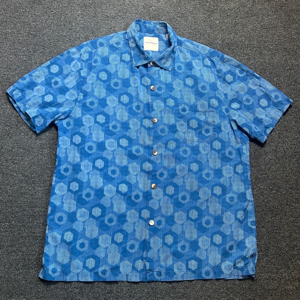 Tommy Bahama Button Up Shirt Blue Mens XL Silk Geometric Hexagon Short Sleeve